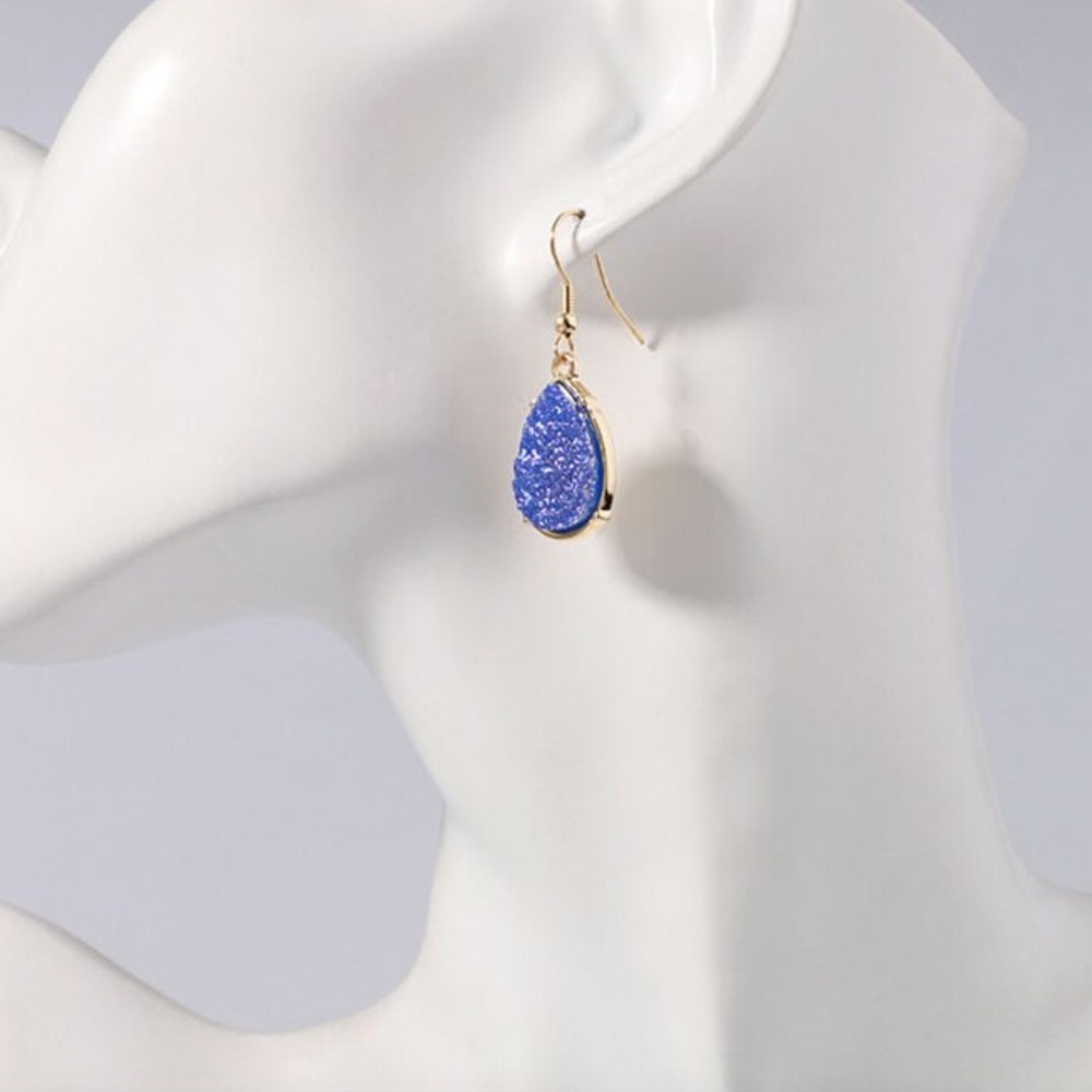 Druzy Resin Blue Violet Gold Hook Drop Earrings - Picture 5 of 6